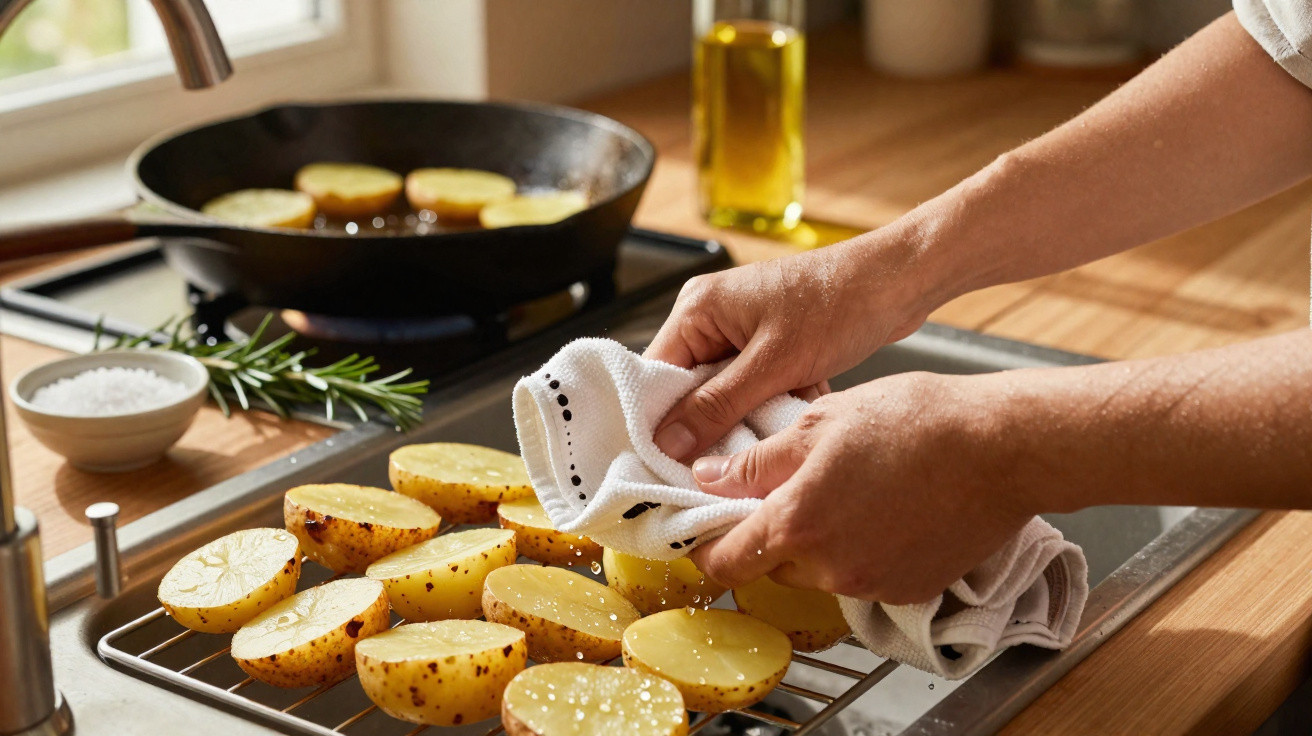 Mãos a polvilhar batatas cortadas em rodelas com sal, com frigideira ao fundo numa cozinha iluminada.