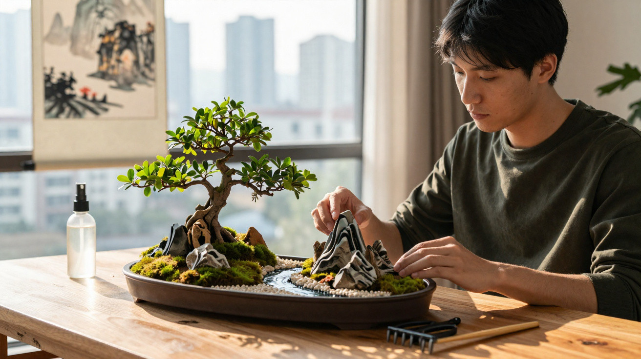 Homem a cuidar de um jardim zen com pequeno bonsai e pedras decorativas numa mesa junto à janela.
