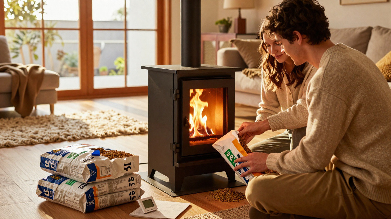 Casal a encher uma salamandra de pellets num interior acolhedor com luz natural e mobiliário confortável.
