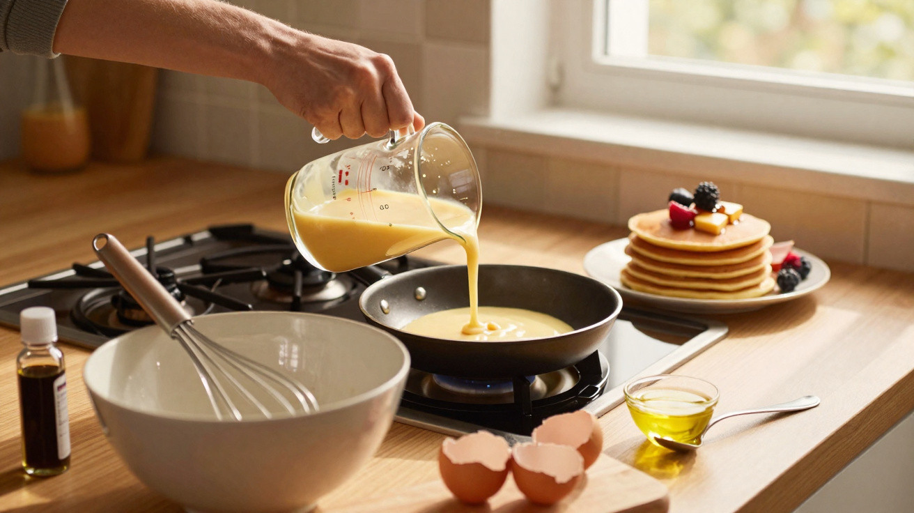 Pessoa a verter massa para panquecas numa frigideira, com panquecas prontas e ingredientes na bancada.