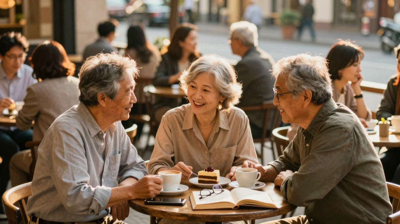 Três idosos a conversar e a tomar café numa esplanada, com um bolo e um livro na mesa.