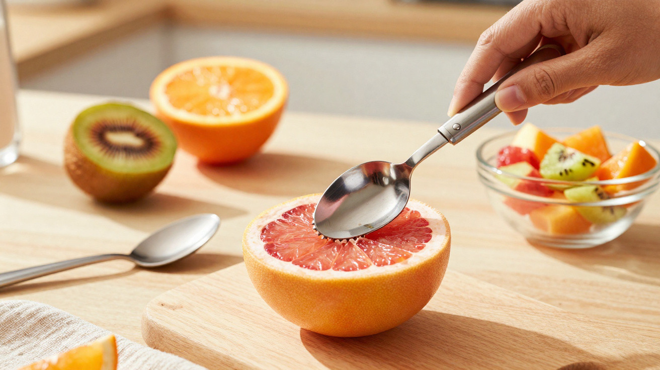 Pessoa a comer meia toranja com colher, com kiwis e laranja em fundo de madeira clara.