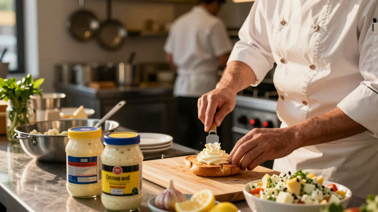 Chef a decorar tosta com creme numa cozinha profissional, com ingredientes e salada na bancada.