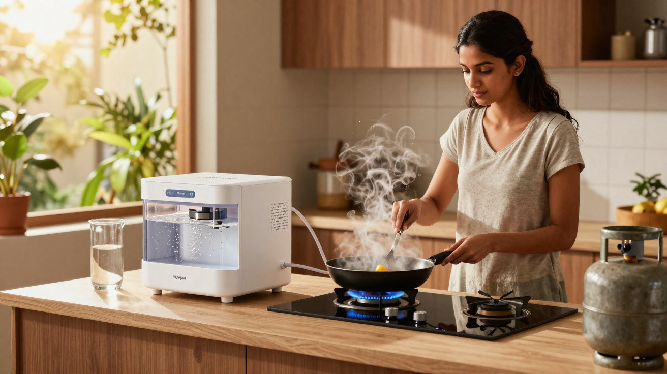 Mulher a cozinhar numa cozinha moderna com panela a fumegar sobre o fogão de gás.