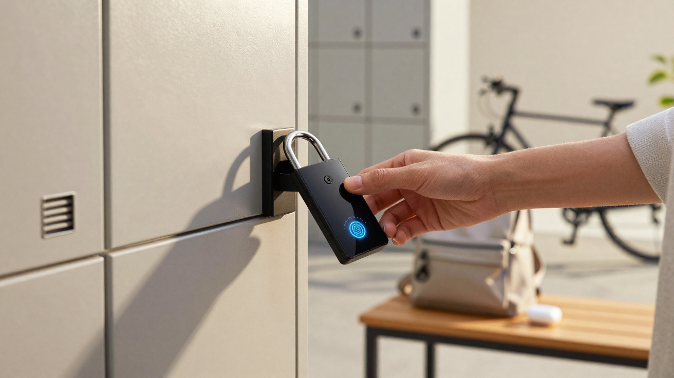 Pessoa a abrir cacifo com cadeado inteligente e sensor de impressão digital, bicicleta e mochila ao fundo.