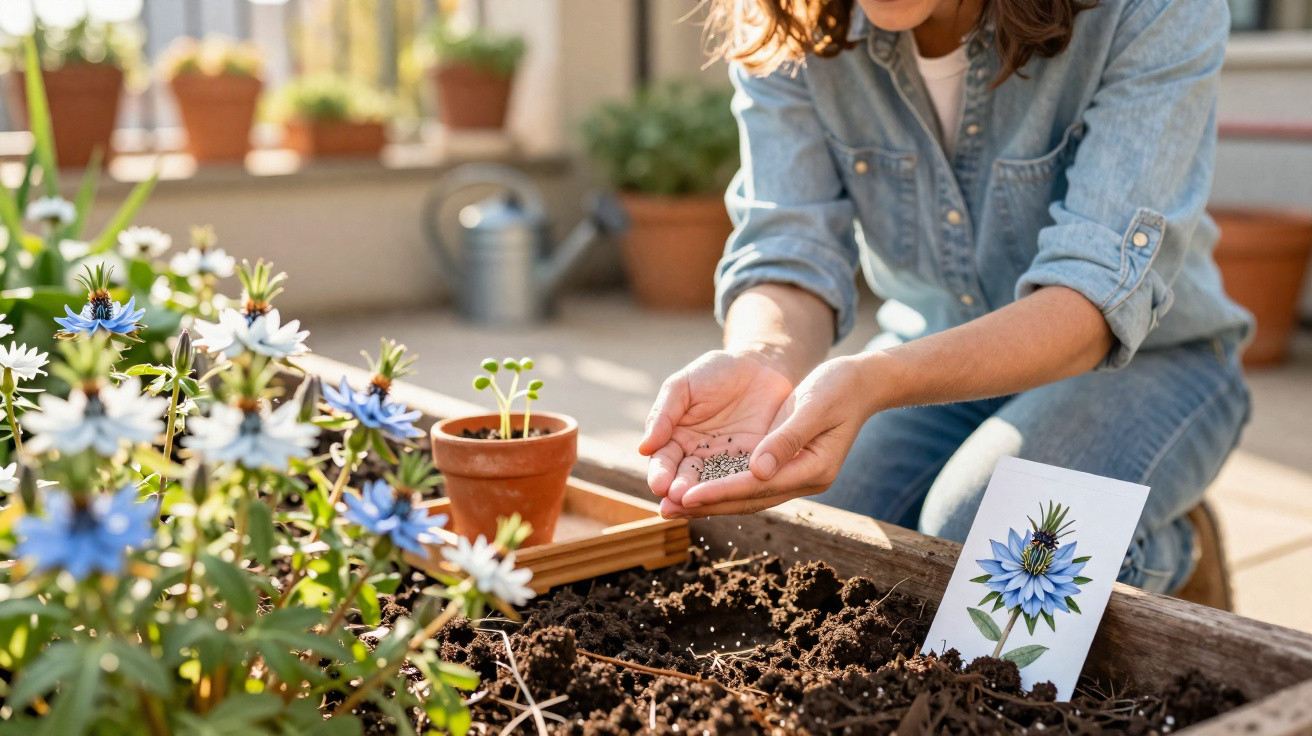 Pessoa a semear sementes num vaso de terra com flores azuis e brancas ao lado numa varanda ensolarada.
