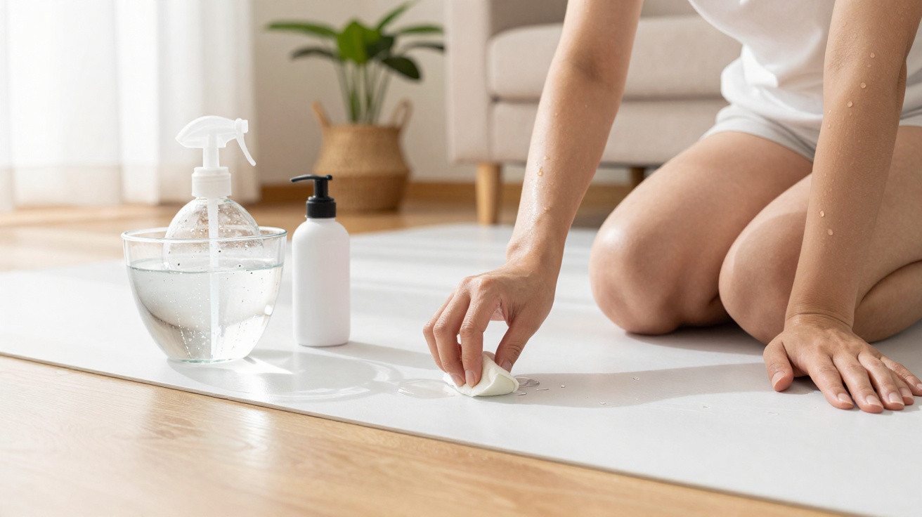Pessoa a limpar chão branco com esponja, perto de garrafas de spray e loção, em ambiente interior com planta.
