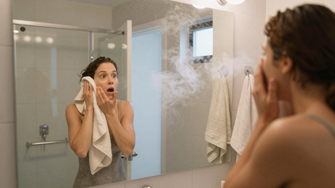 Mulher no banheiro, surpresa ao ver vapor no espelho após o banho.