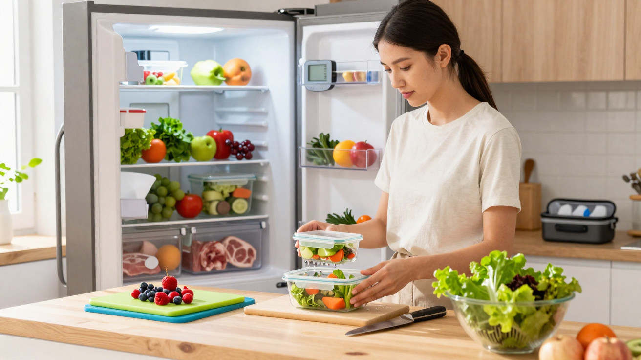 Mulher a organizar saladas em recipientes plásticos na cozinha com frigorífico aberto cheio de frutas e legumes.