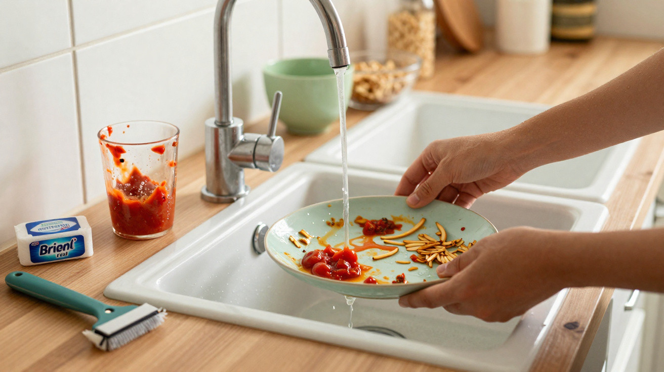 Pessoa a lavar um prato com restos de comida e molho vermelho numa cozinha moderna.