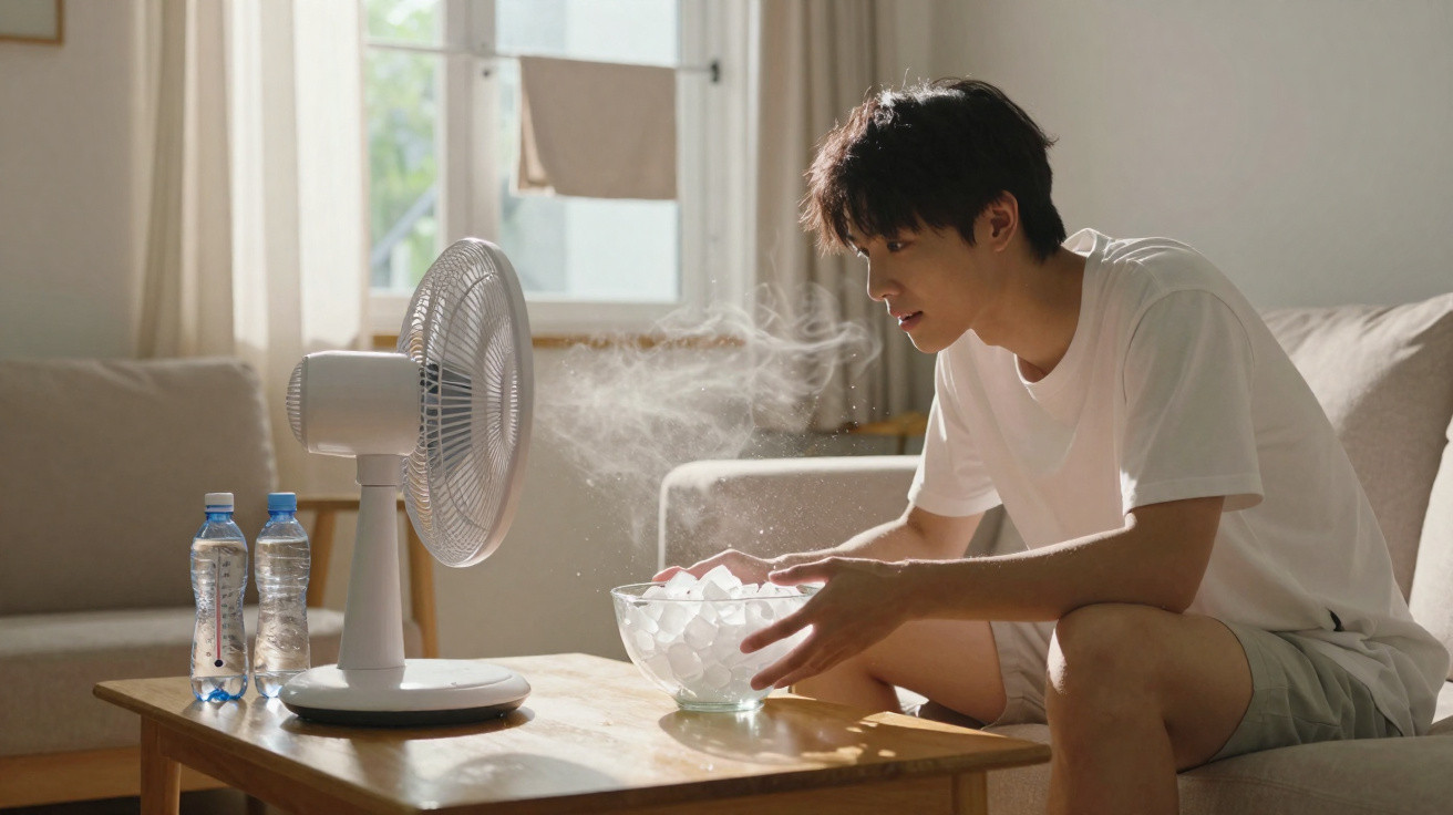 Jovem sentado junto a uma ventoinha com taça de gelo, refrescando-se numa sala iluminada pelo sol.