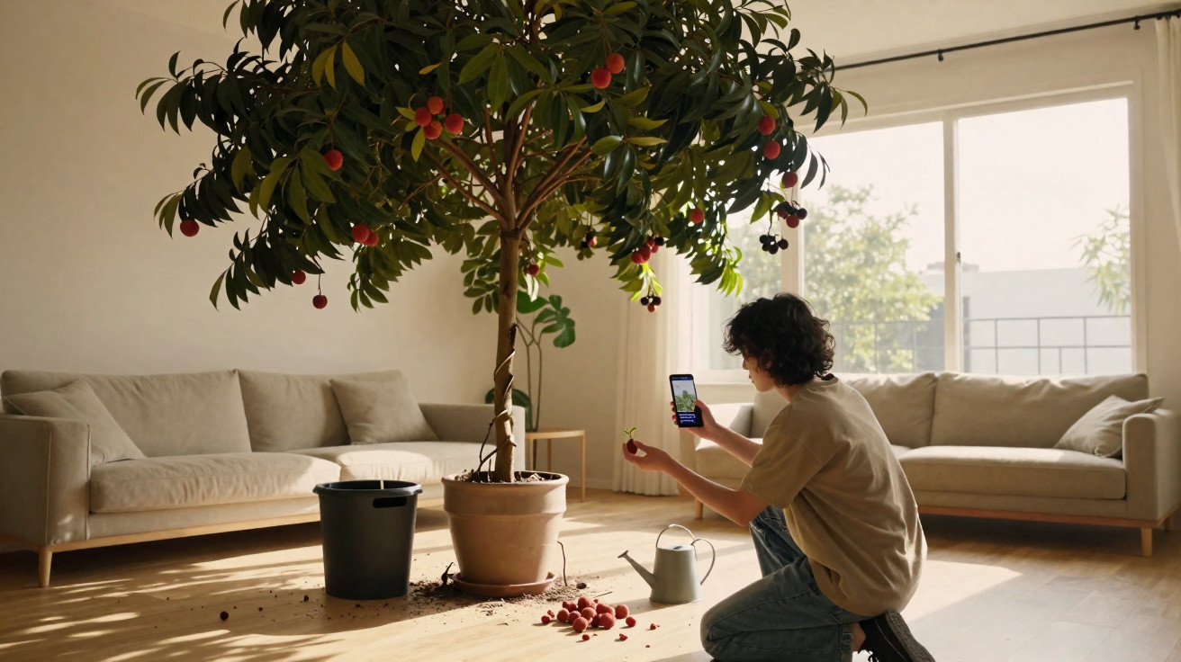 Pessoa a tirar foto de uma árvore com frutos numa sala com sofás e luz natural.