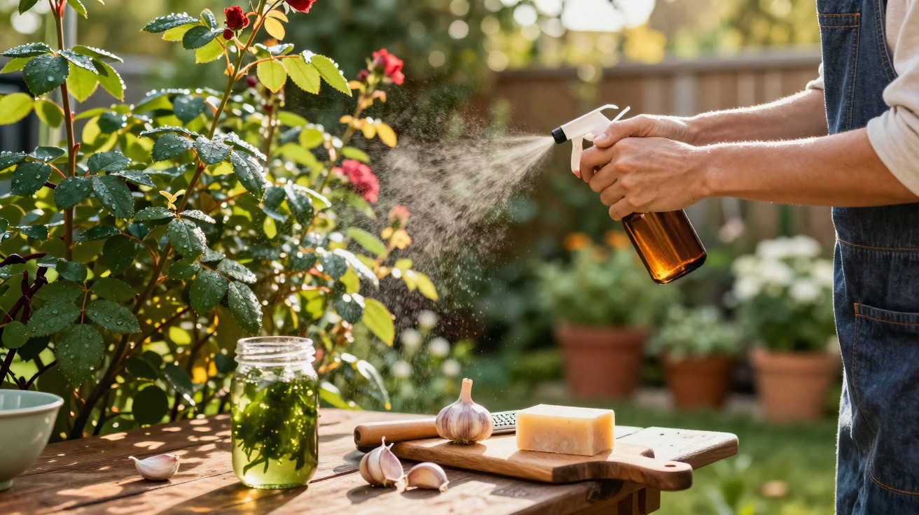 Pessoa a pulverizar plantas com frasco enquanto prepara remédio natural com alho e ervas num jardim.