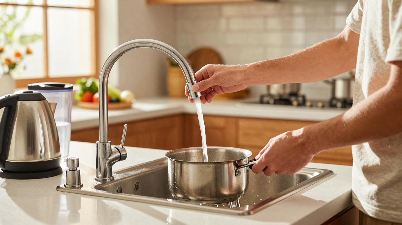 Pessoa a encher uma panela de metal com água numa cozinha moderna e luminosa.