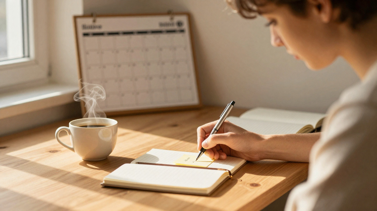 Pessoa a escrever numa agenda com uma chávena de café quente e um calendário em fundo sobre a secretária.