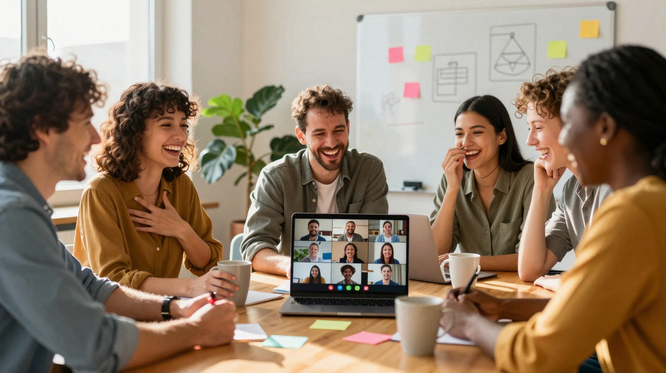 Grupo de pessoas à volta de mesa em reunião híbrida com videoconferência num portátil sorrindo e a conversar.