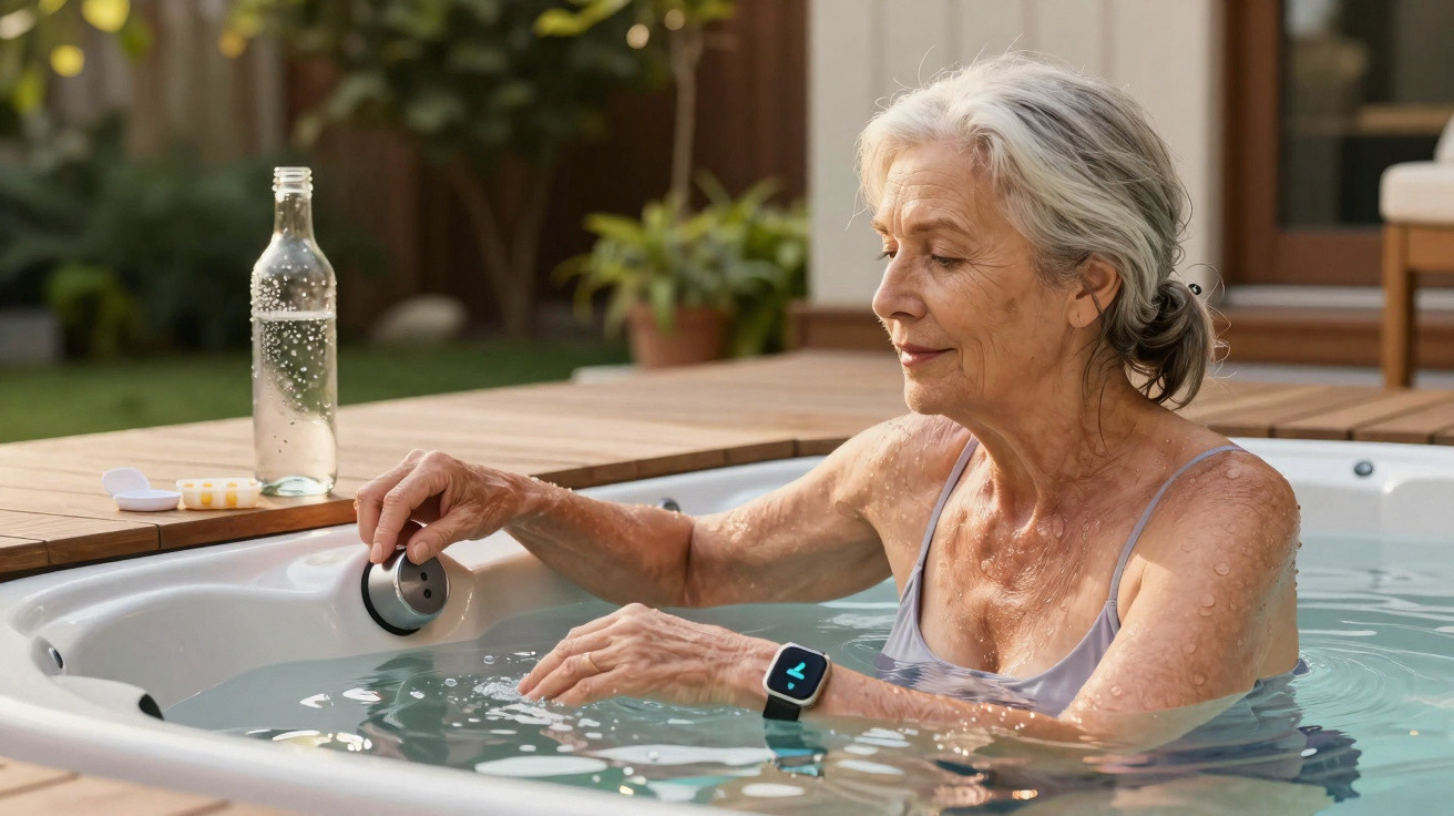 Mulher idosa em fato de banho cinzento controla jacto de jacuzzi ao ar livre em ambiente tranquilo.