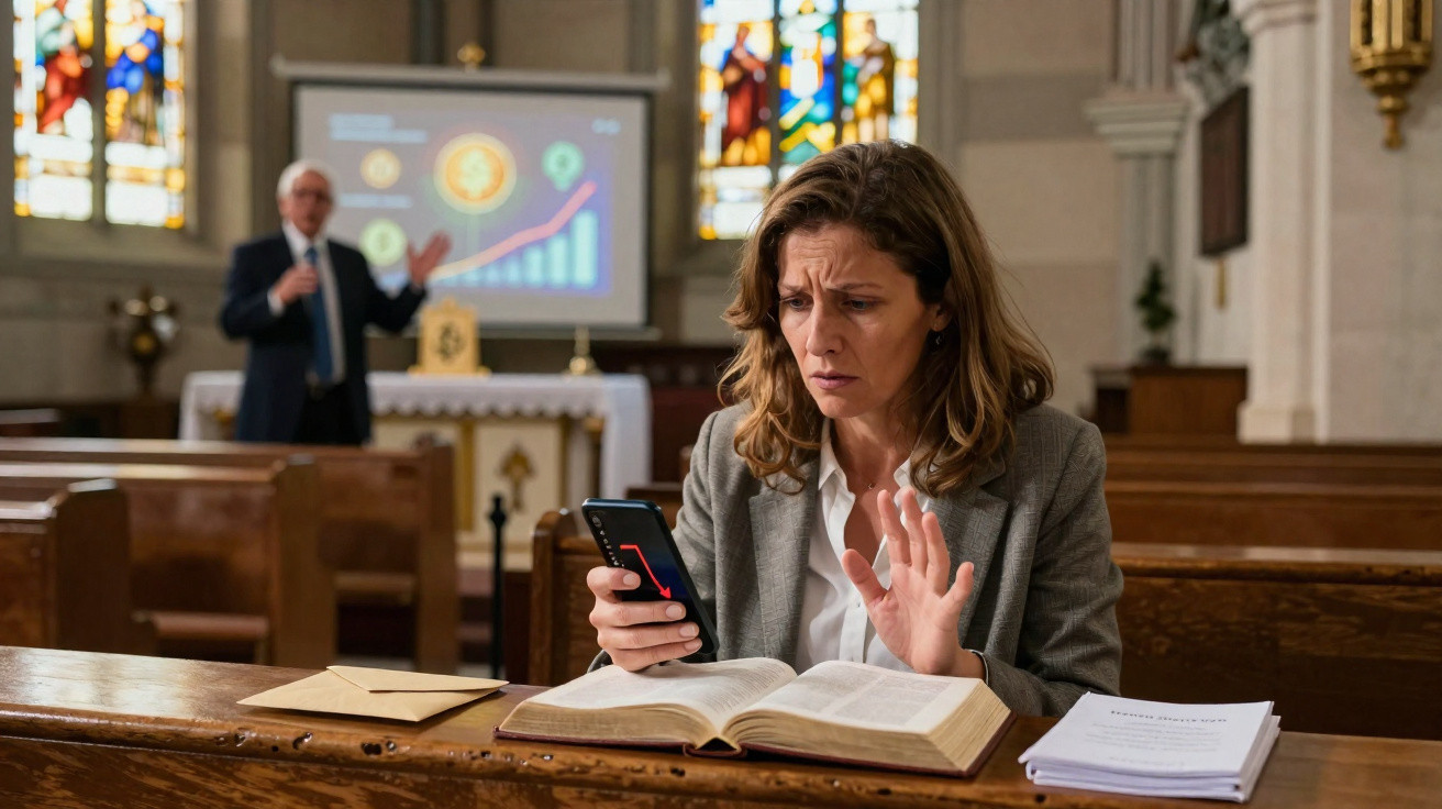 Mulher preocupada com gráfico negativo no telemóvel, sentada numa igreja com livro aberto e homem apresentando gráfico ao fun