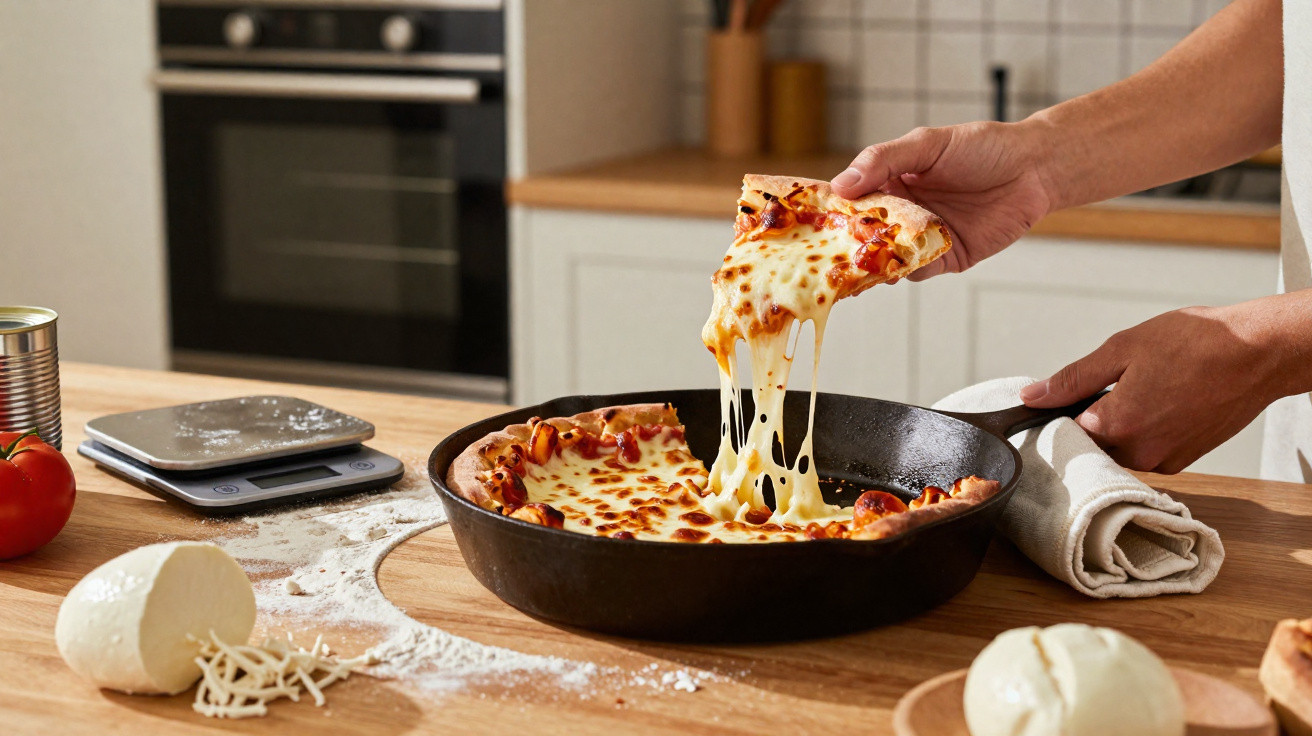 Mão a levantar uma fatia de pizza com queijo derretido numa frigideira preta numa cozinha moderna.