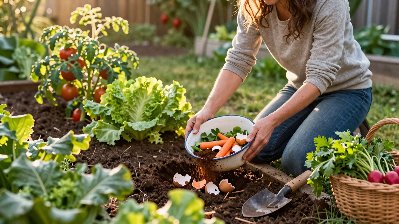 Mulher a fertilizar a terra do jardim com vegetais e cascas de ovos, rodeada de plantas e legumes.