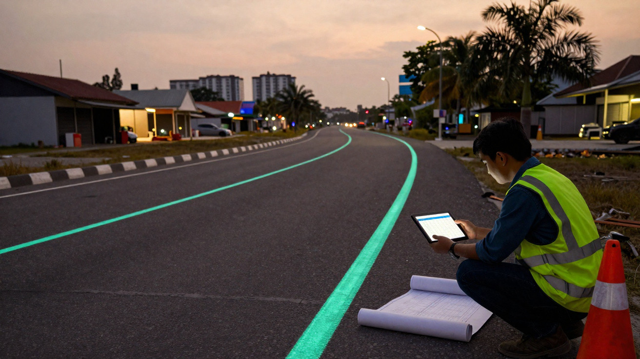 Homem com colete refletor analisa tablet ao lado de estrada com linhas luminosas azuis ao anoitecer.