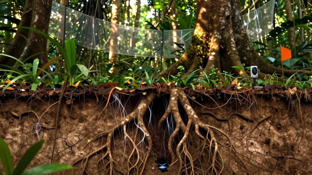 Raízes de árvores na floresta expostas numa secção do solo com vegetação e equipamentos de monitorização.
