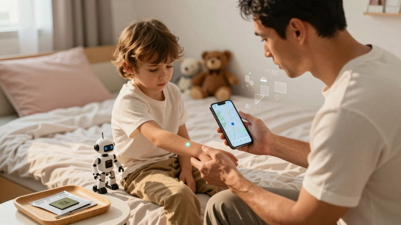 Pai usa smartphone para mostrar localização enquanto filho pequeno observa braço com ponto de luz azul numa cama.