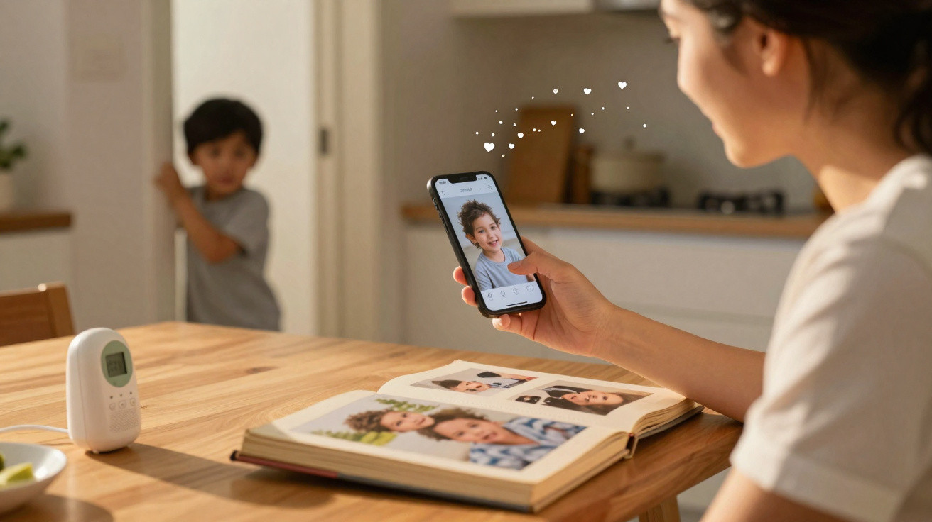 Mulher vê foto de menino no telemóvel sentada à mesa com álbum fotográfico e bebé ao fundo.