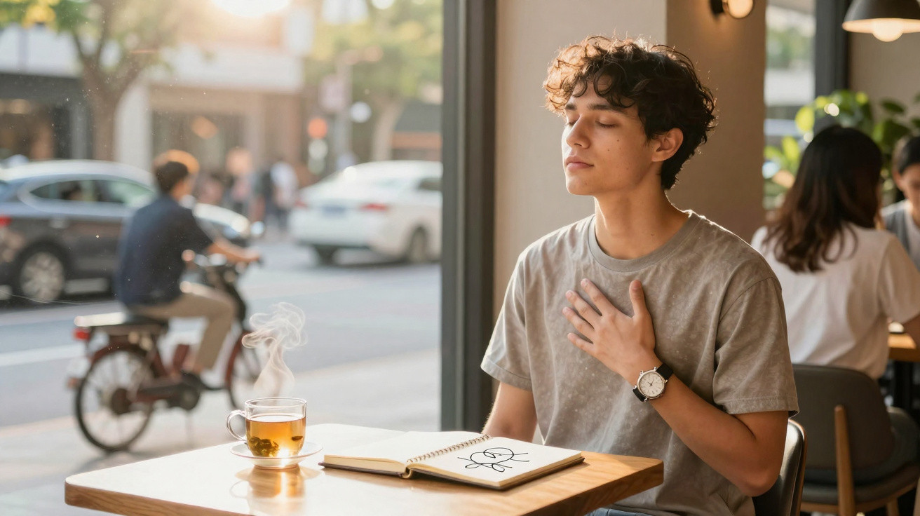 Jovem sentado num café, olhos fechados e mão no peito, com chá e caderno aberto à frente.