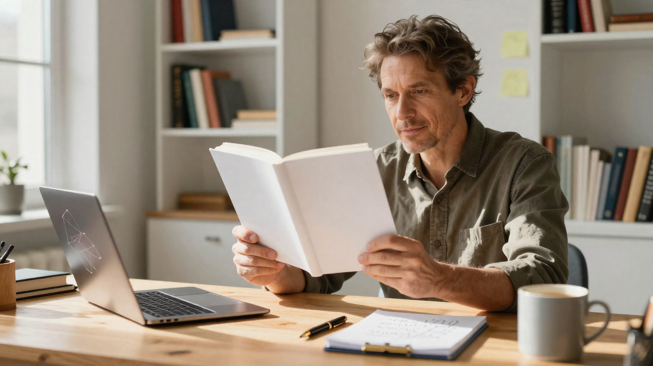 Homem sentado a ler um livro numa mesa com computador portátil, caderno e caneca, em ambiente de escritório.