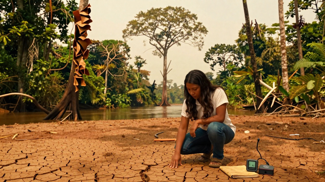 Mulher jovem ajoelhada em solo seco e rachado numa floresta tropical junto a um rio.