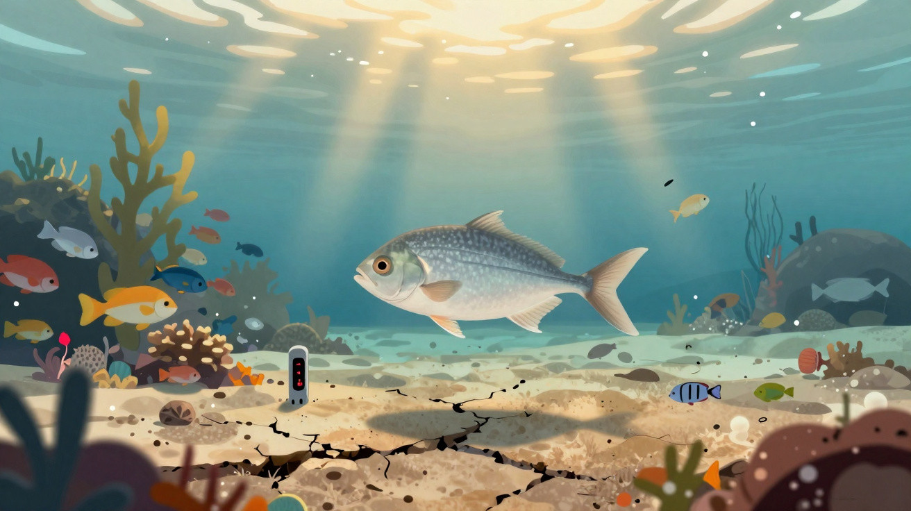 Peixe grande nada num fundo marinho com peixes pequenos, corais e rachaduras no solo iluminado pela luz solar.
