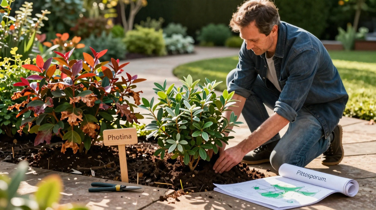 Homem a plantar arbusto num jardim, com planta identificada como Photinia e plano de plantação junto.