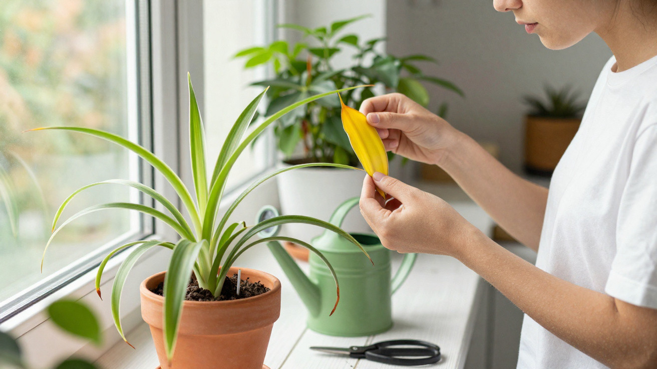 Pessoa verifica folha amarela de planta em vaso junto à janela com regador e tesoura por perto.