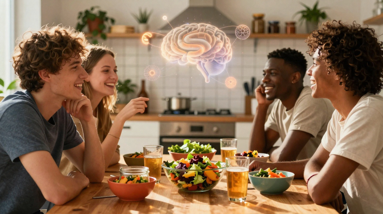 Quatro jovens sentados à mesa com saladas e sucos, com imagem digital de cérebro entre eles.