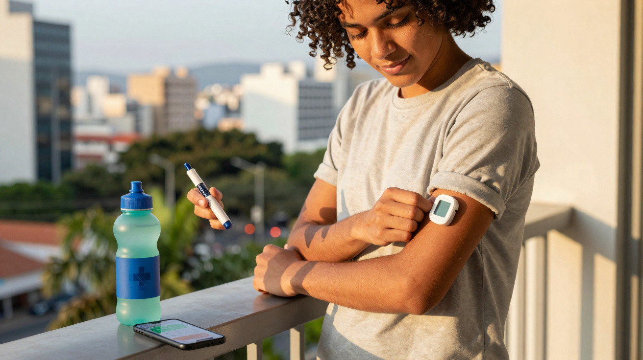 Pessoa jovem a usar um dispositivo de monitorização na parte superior do braço e uma caneta de medição, num terraço urbano.
