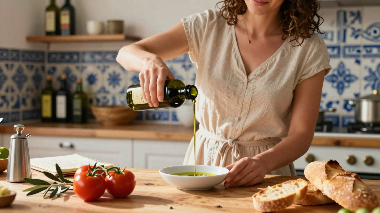 Mulher a verter azeite numa tigela na cozinha com tomates, pão e utensílios ao fundo.