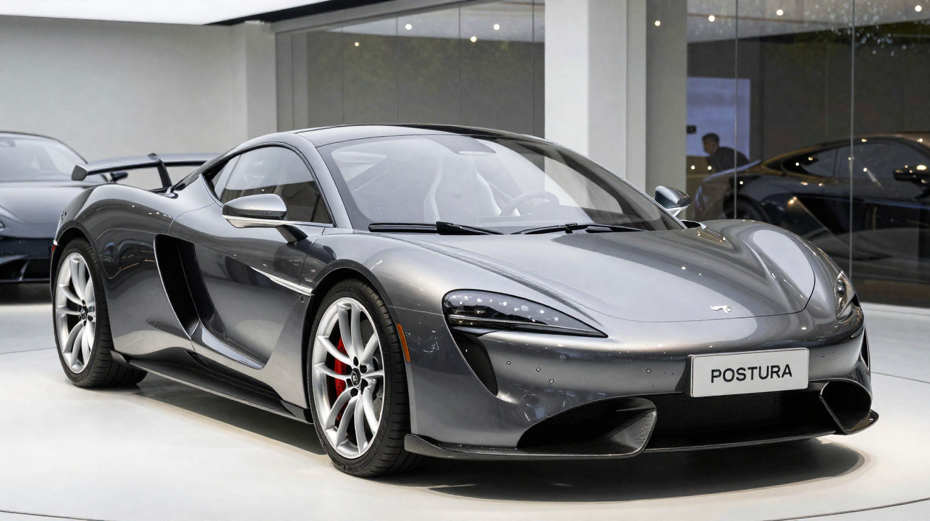 Carro desportivo cinzento metálico com design aerodinâmico e jantes prateadas em exposição interior.