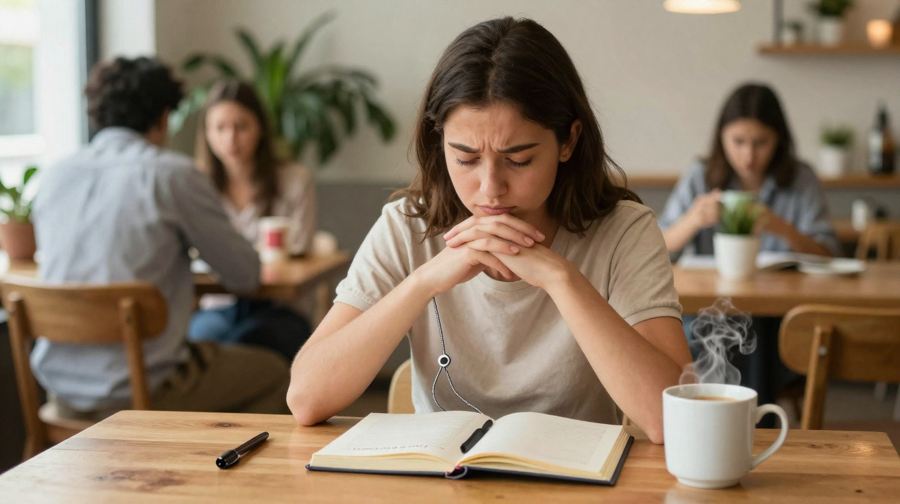 Jovem concentrada e preocupada a ler um livro numa mesa de café com chá fumegante ao lado.
