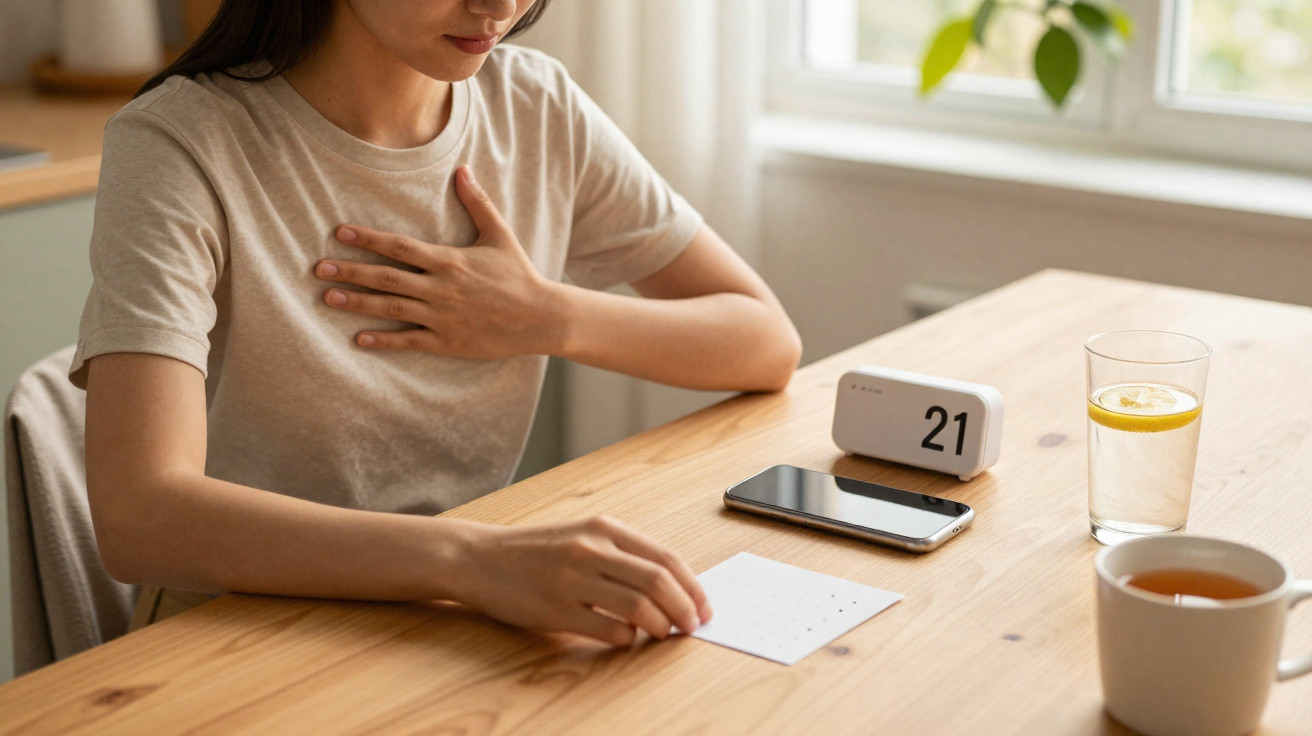 Pessoa segurando o peito com uma mão e a outra a apontar para um cartão numa mesa com bebidas e um telemóvel.