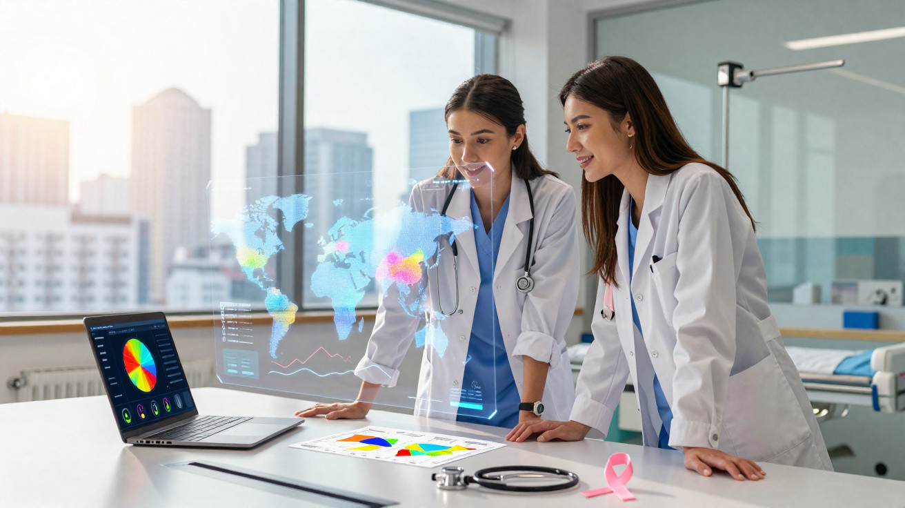 Duas médicas em bata branca analisam dados de saúde e mapa mundial holográfico junto a portátil num consultório.