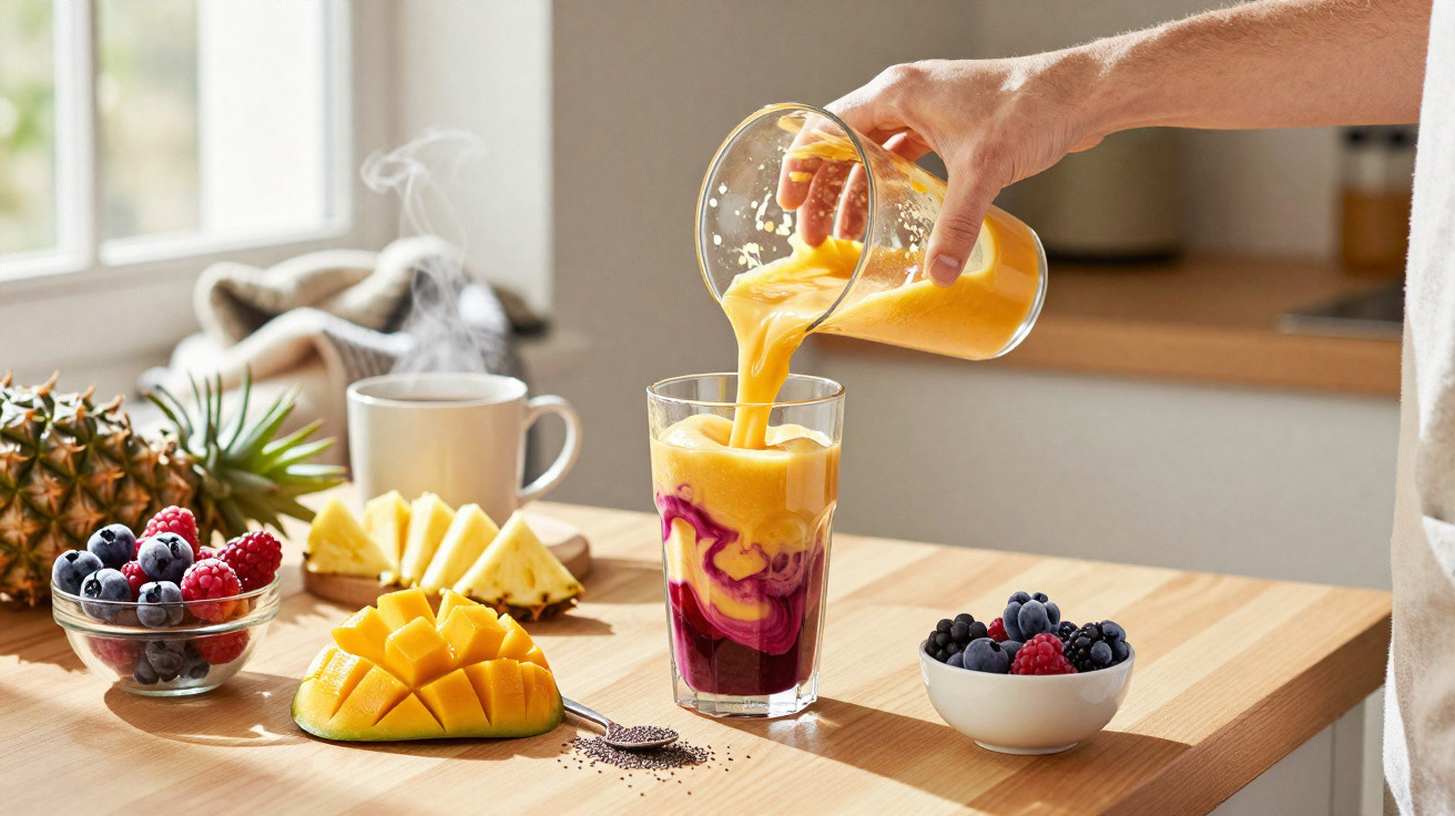 Mão a verter sumo de laranja sobre batido roxo na cozinha com frutas frescas à volta.