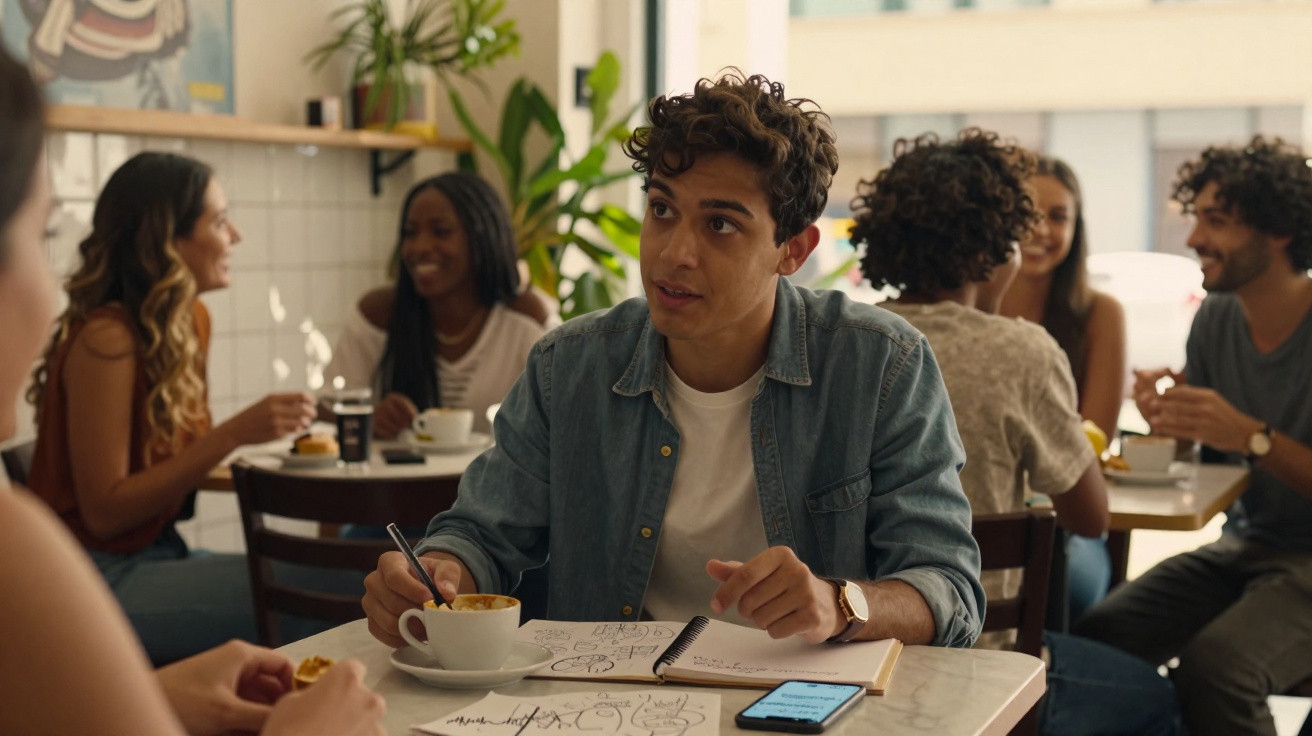 Jovem sentado em café com caderno e telemóvel, rodeado de pessoas a conversar e beber café.