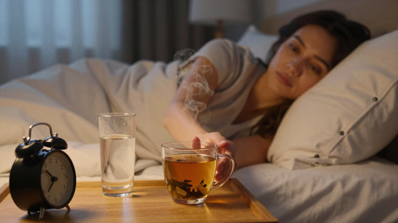 Mulher deitada na cama a alcançar chá quente num tabuleiro ao lado de um relógio e um copo de água.