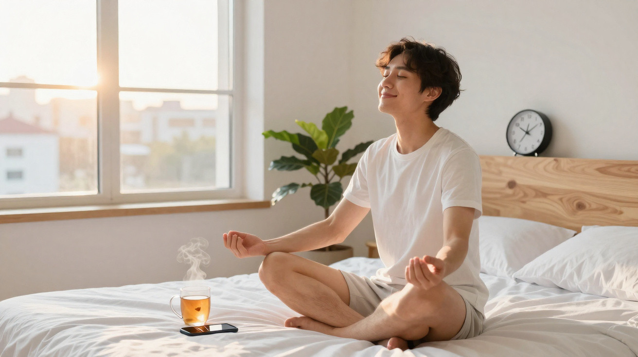 Jovem sentado na cama a meditar com chá quente e telemóvel ao lado numa manhã iluminada pelo sol.