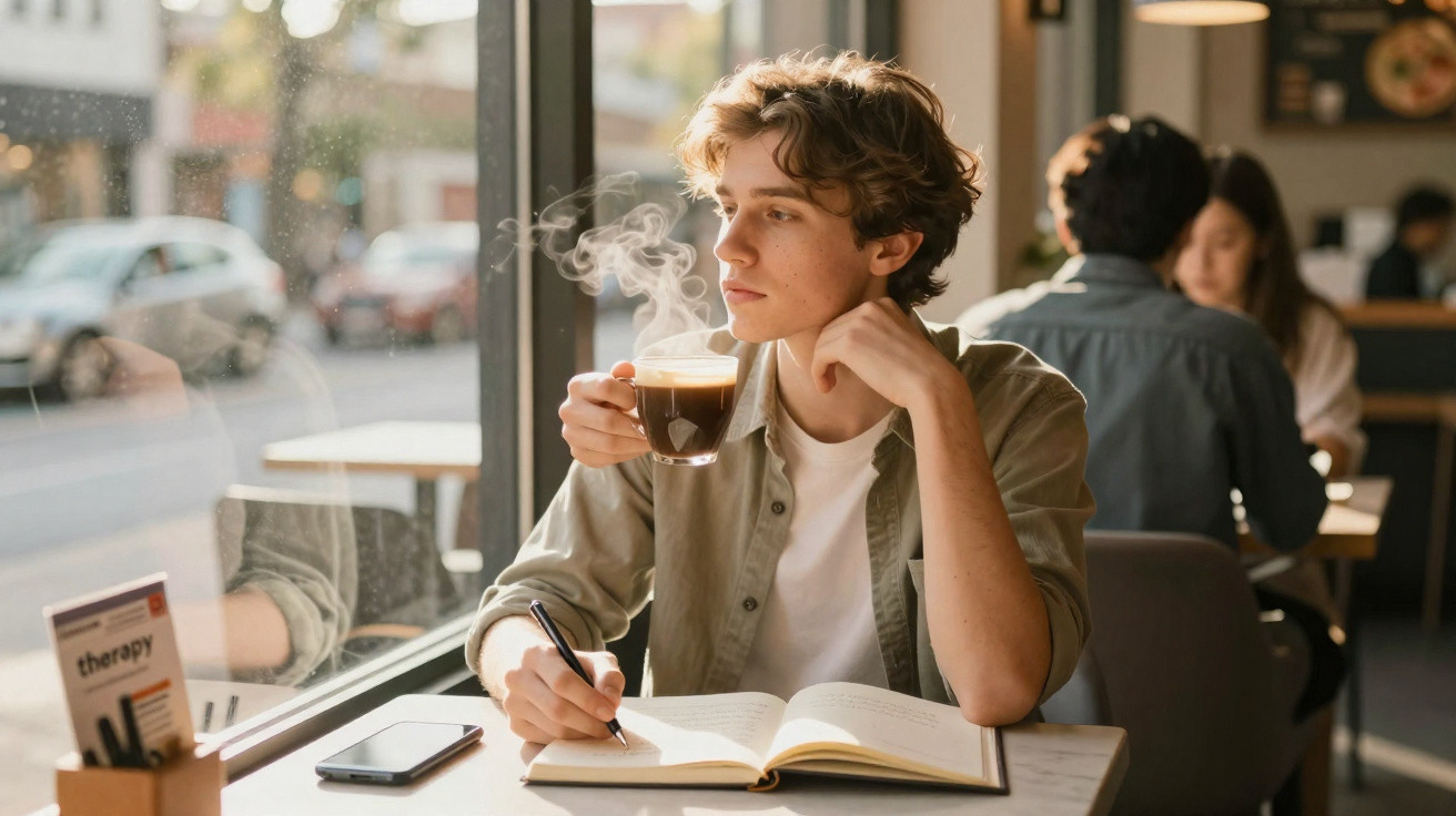 Pessoa jovem a beber café quente enquanto escreve num caderno junto a uma janela de café iluminada pelo sol.