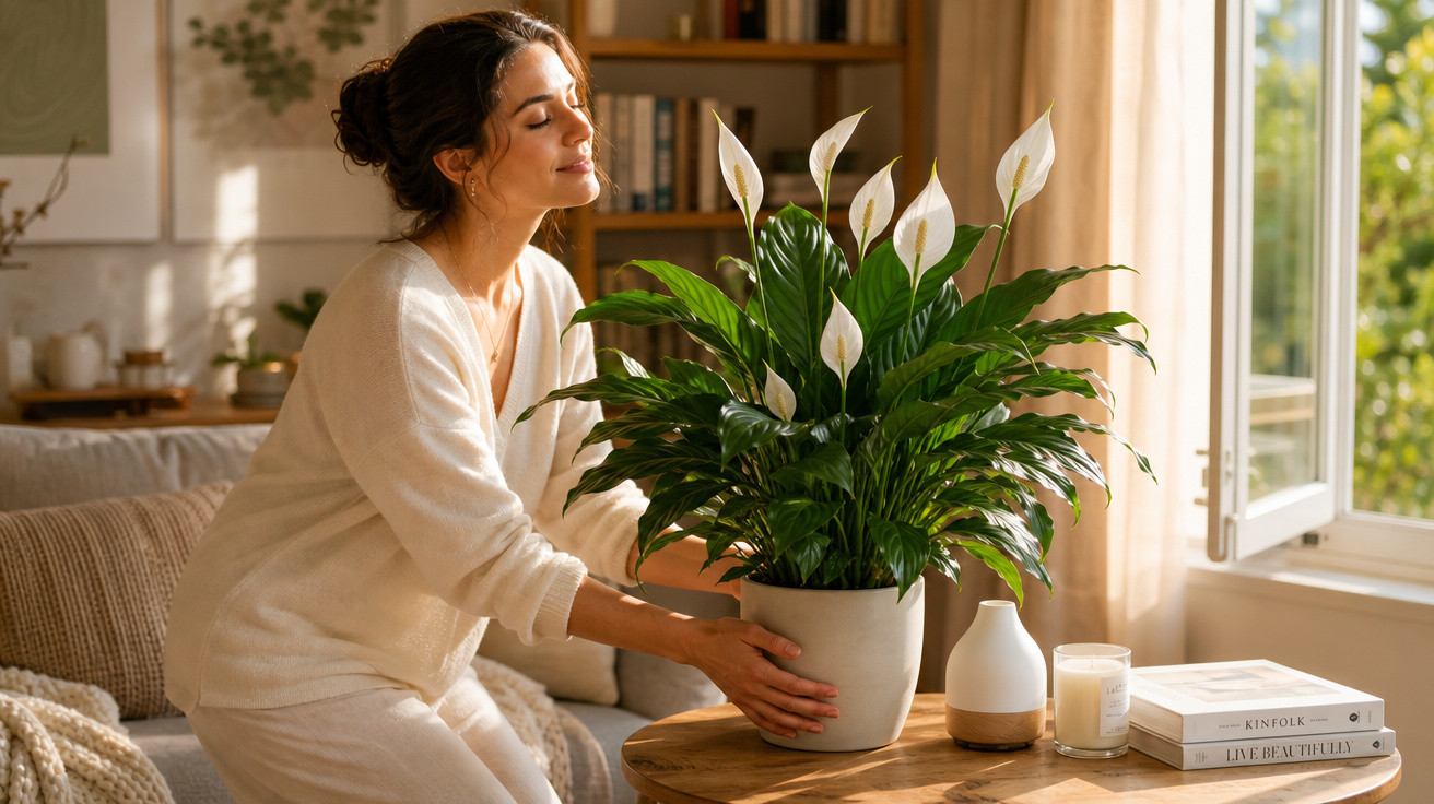 Mulher a cuidar de planta em vaso numa sala luminosa e acolhedora junto a uma mesa de madeira.