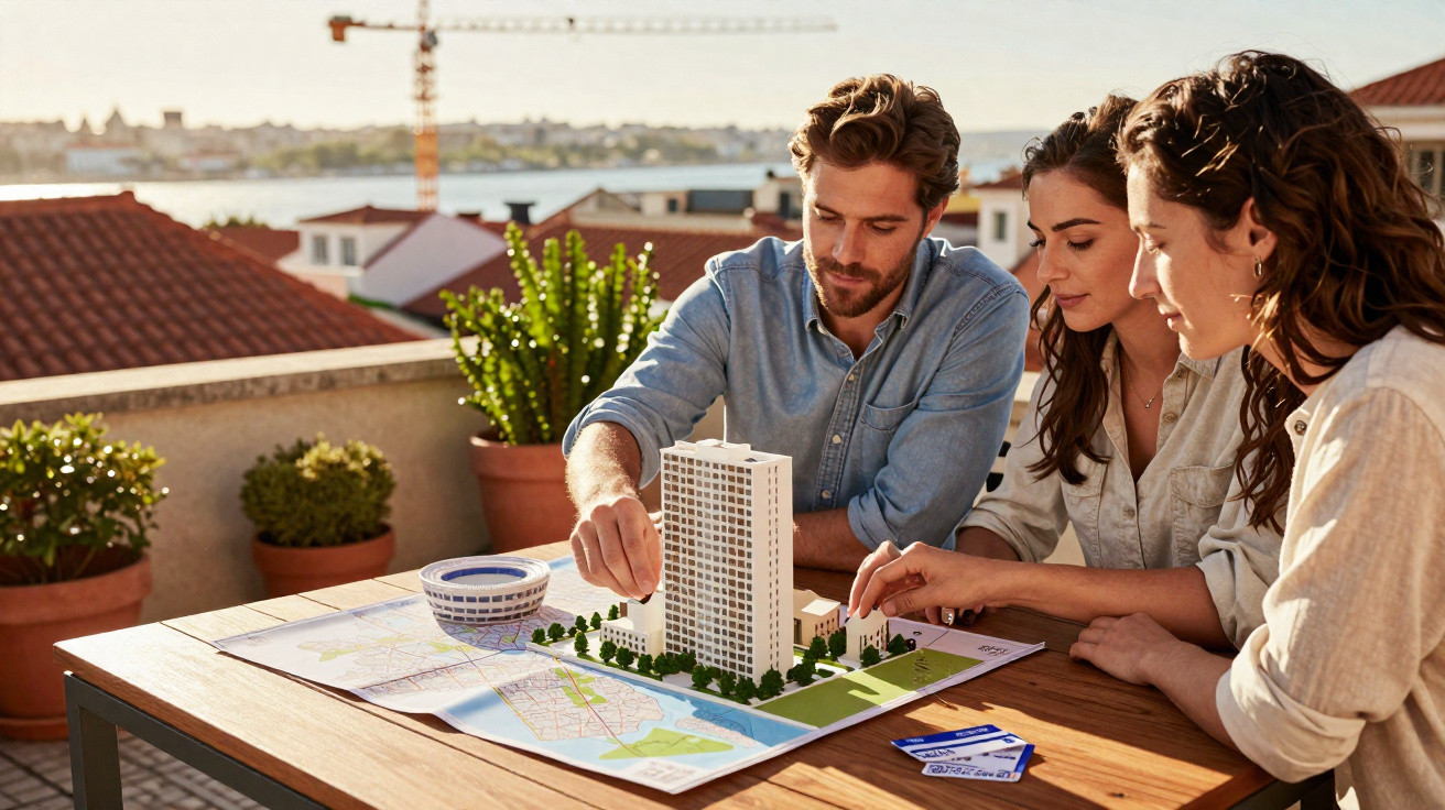 Três pessoas discutem um projeto imobiliário com maquete de prédio e mapas numa mesa ao ar livre ao pôr do sol.