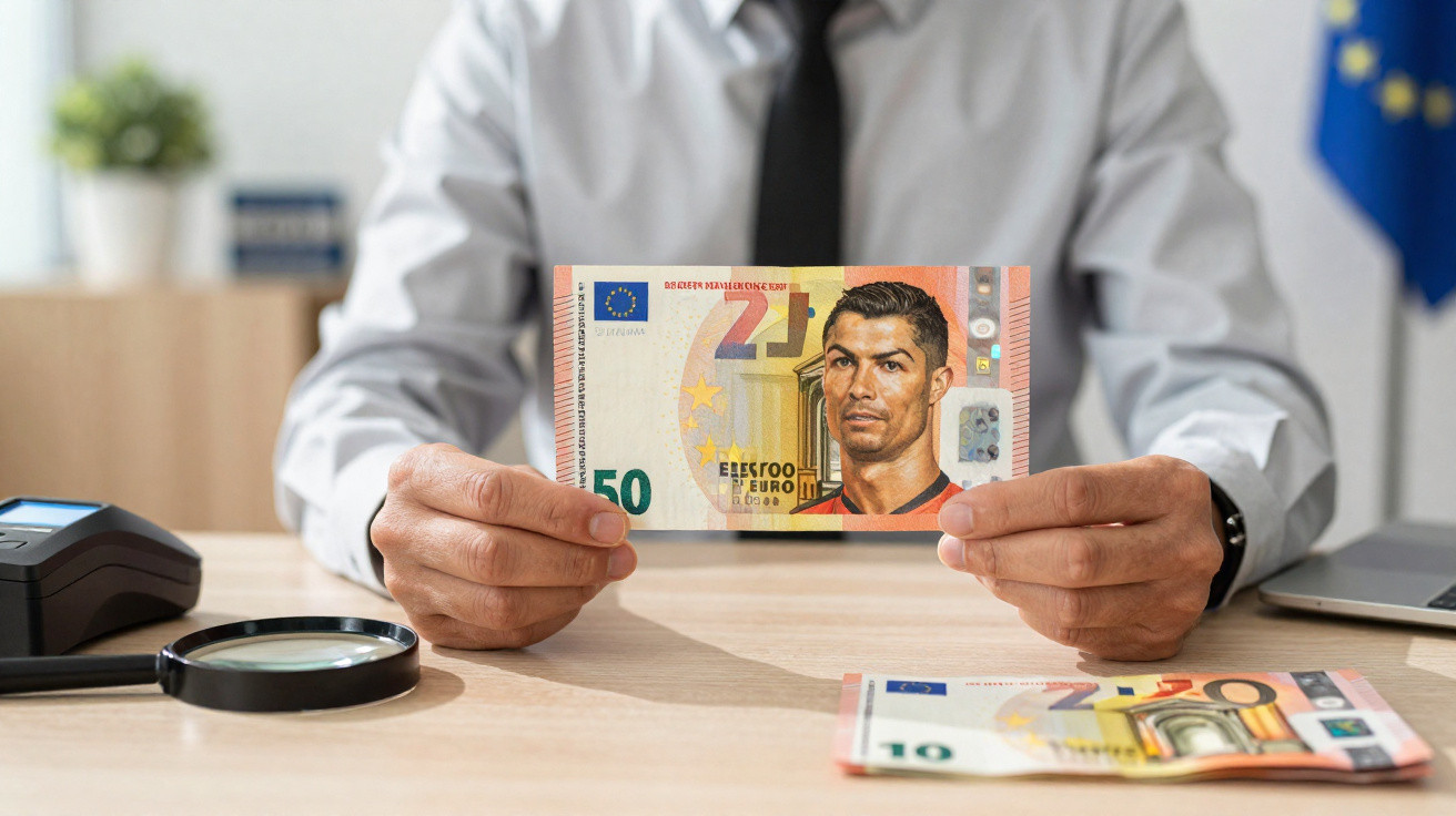 Pessoa vestida formalmente segura uma nota de 50 euros com o rosto de Cristiano Ronaldo.