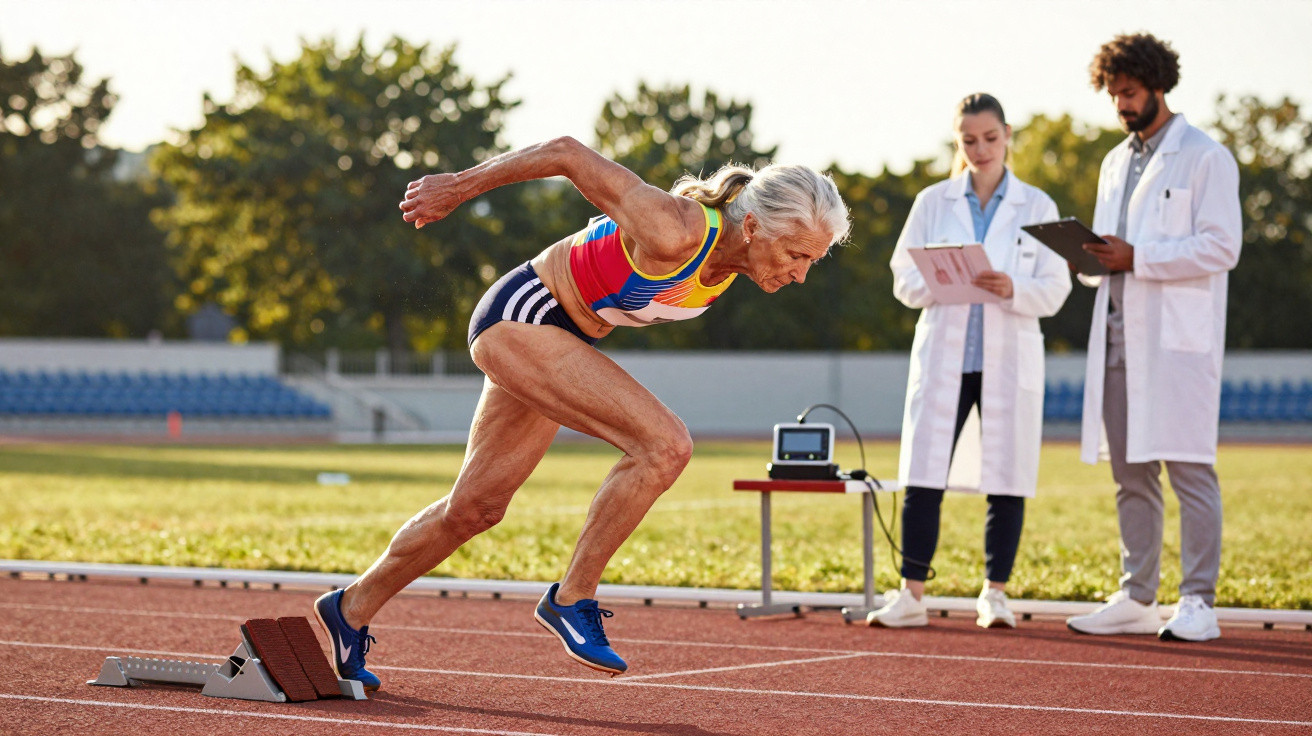 Atleta sénior em início de corrida numa pista, com dois investigadores a observar e anotar dados.